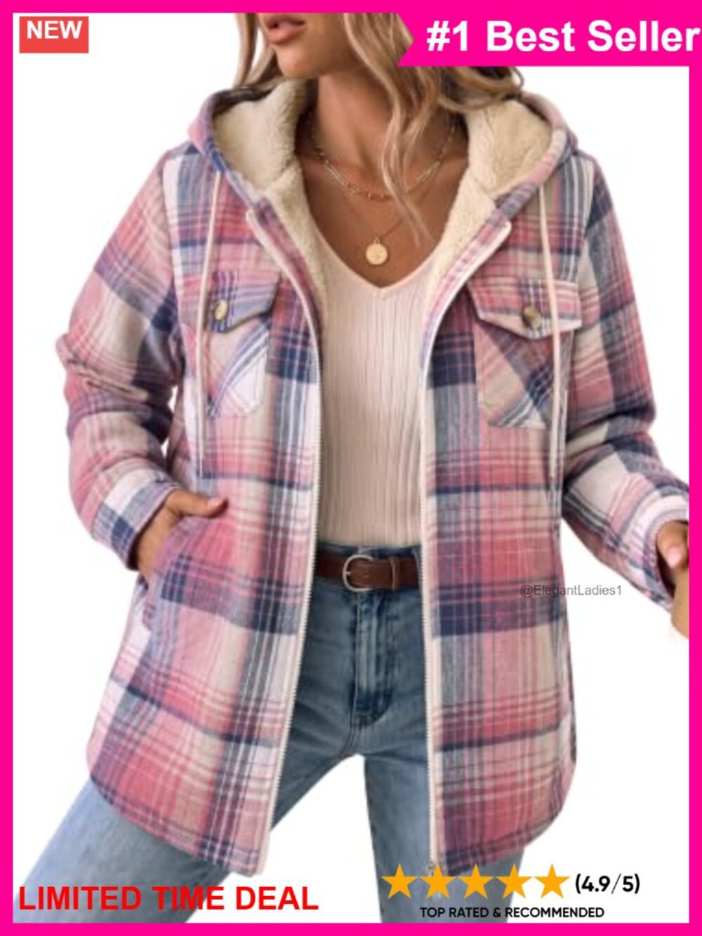 Women's Plaid Fleece Lined Hooded Shacket Zip Winter Jacket